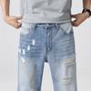 Ruffian handsome men's summer trend personality hole design high street jeans light luxury retro washed small straight pants men