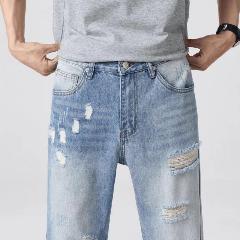 Ruffian handsome men's summer trend personality hole design high street jeans light luxury retro washed small straight pants men