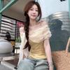 Design lace splicing flower shoulder top women's clothing summer slim fit and thin waist yellow short-sleeved T-shirt
