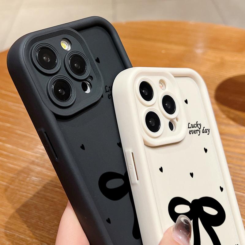 Bowknot Pattern TPU Soft Shockproof Phone Case For iPhone 16 Pro Max 15 Pro 14 13 12 11 XR XS Little Love Hearts Matte Lens Protection Bumper Cover