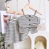 Sommerliches Mädchen-Zweiteiler-Set aus plissiertem, gestreiftem Camisole und Shorts (AXA909)