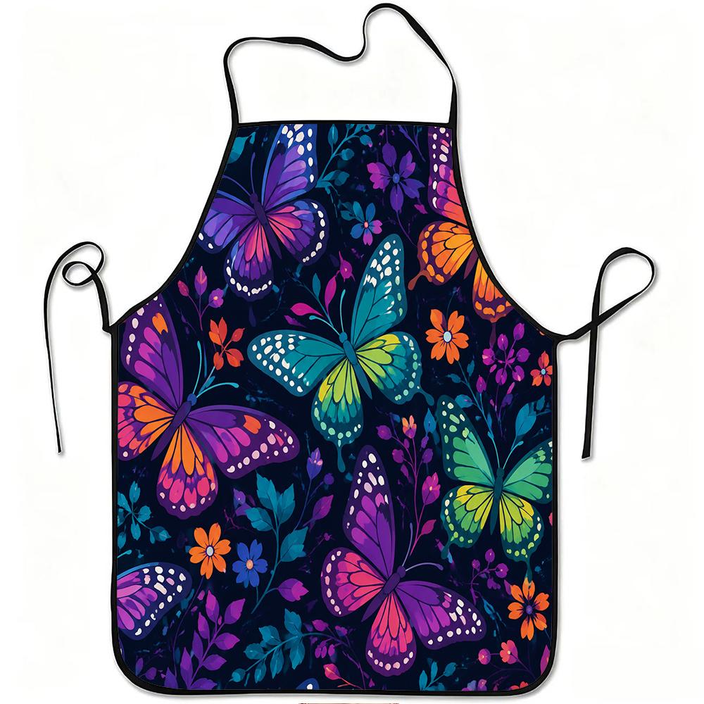 1pc Colorful Butterfly And Floral Print Apron, Durable And Easy To Clean, Adjustable Waistband, Polyester Material, for Kitchen Cooking, Gardening, Or