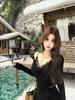 Spicy Girl V-Neck Lace Patchwork Knit Dress with Ruffles - Black (Autumn/Winter)