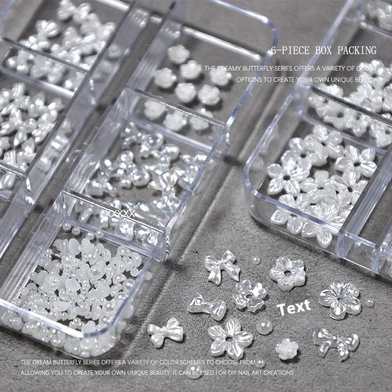 6 Grids Mix 3D Flowers Bowknot For Nail Charms Decoration For Nails Design Resin Petals Manicure Decals Accessories