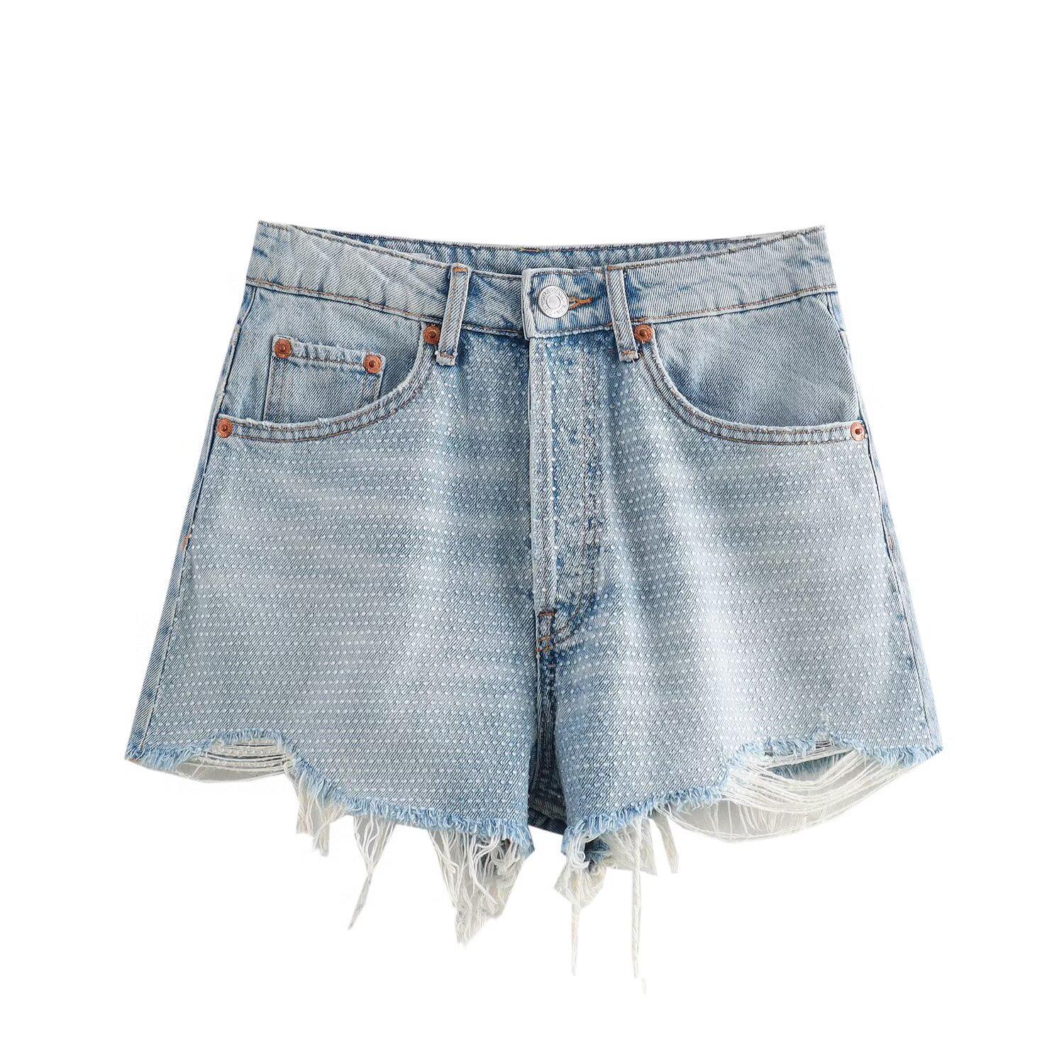 

2025 Spring Women s Slim High-Waist Rhinestone Denim Shorts L светло-синий
