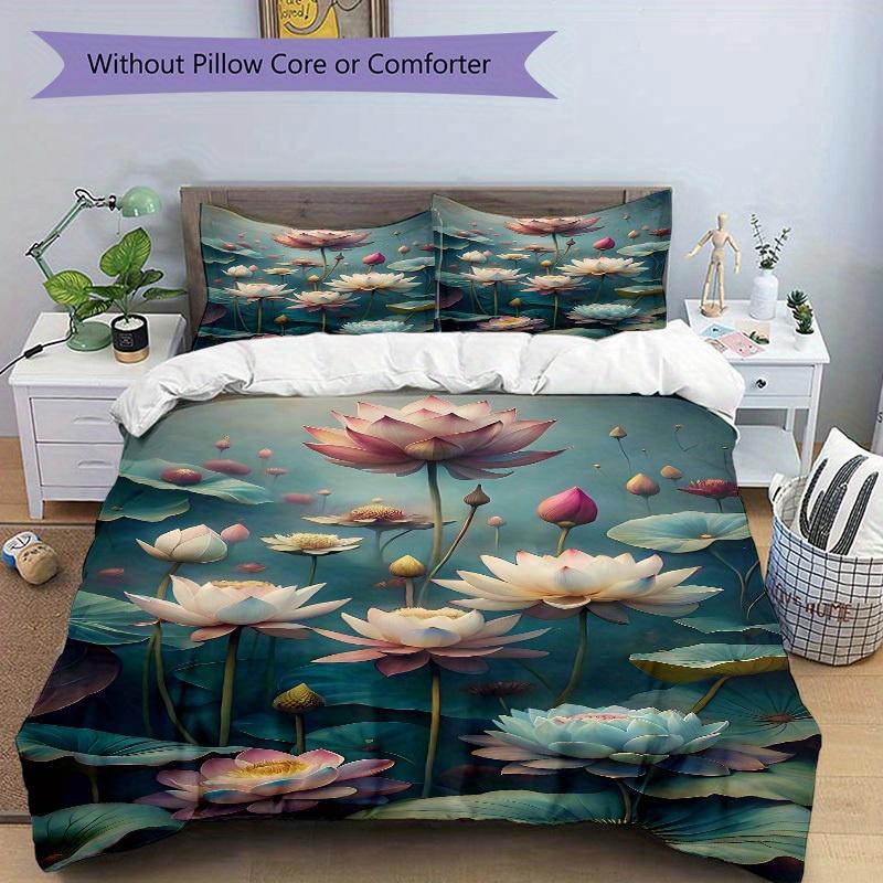 3pcs Lotus Pond Soft Comfortable Bedding set, For Bedroom, Guest Room And Dorm, All - Season Use, High-Definition Printing149