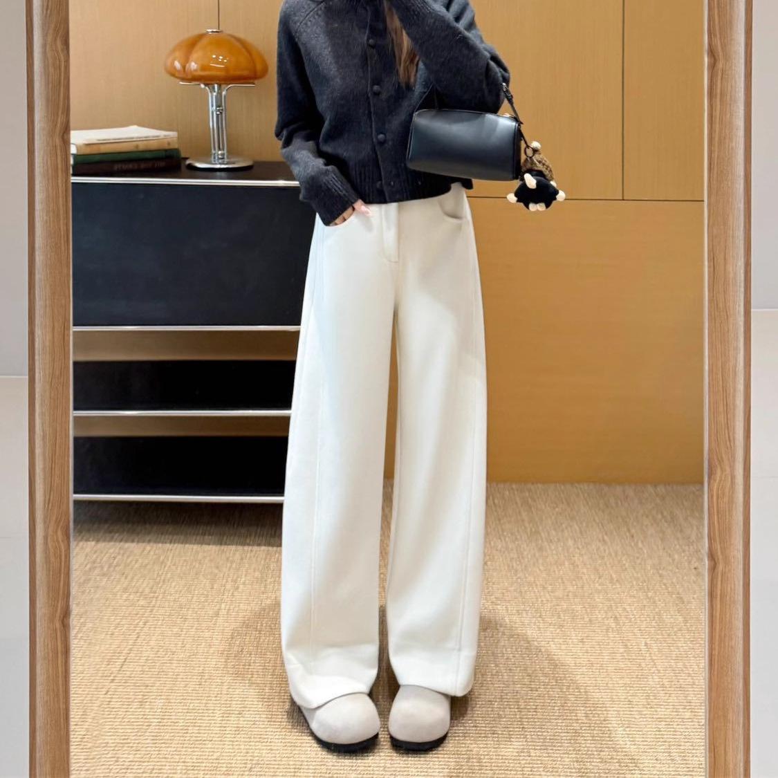 Leg-Slimming Winter Wide-Leg Wool Pants with Silk Piping for Women Small