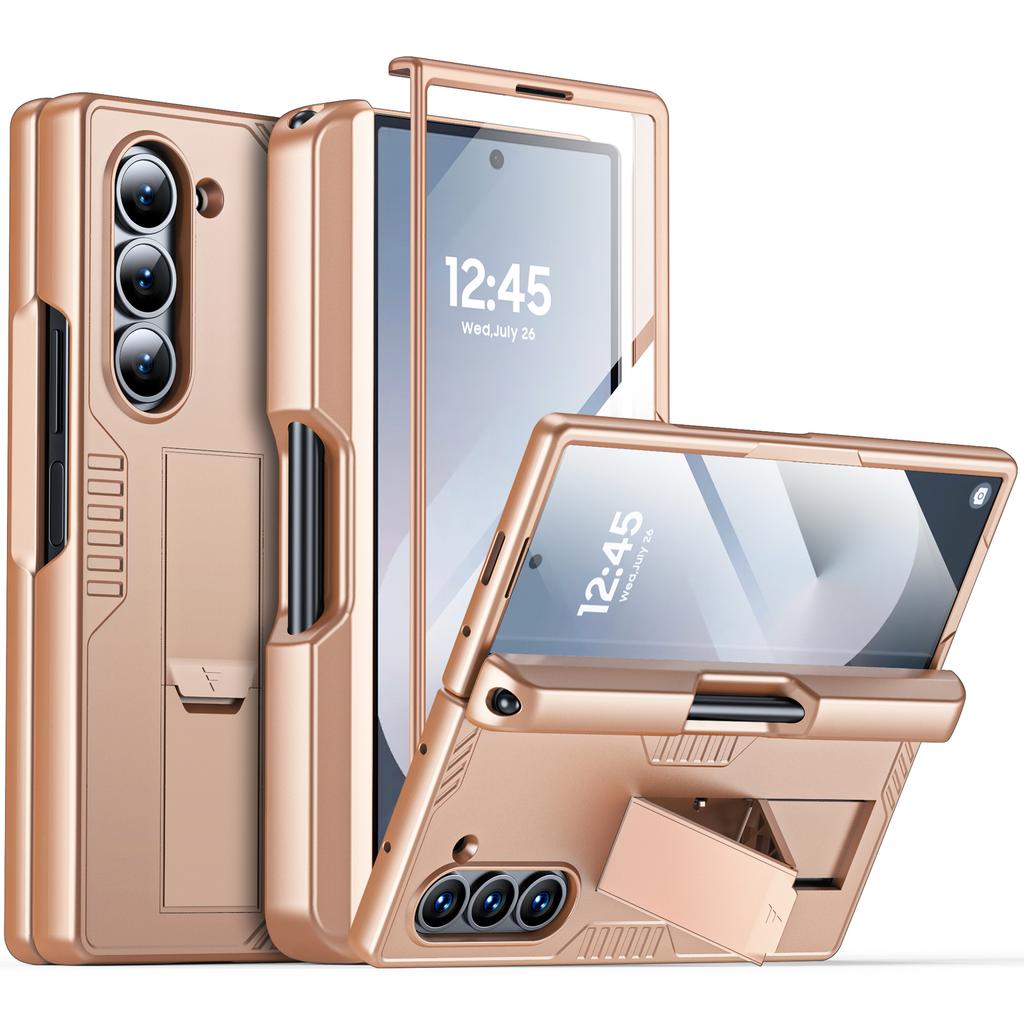 for Samsung Galaxy Z Fold 6 Phone Case With S Pen Holder, Hidden Stand, Screen Protector, Sturdy Shockproof Protective Case-Black