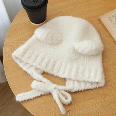 1PCS Bear Ears Knit Hat Women Winter Warm Plush Cap Cute Flattering Large Size Cold Weather Headband Ear Protection Cozy Beanie