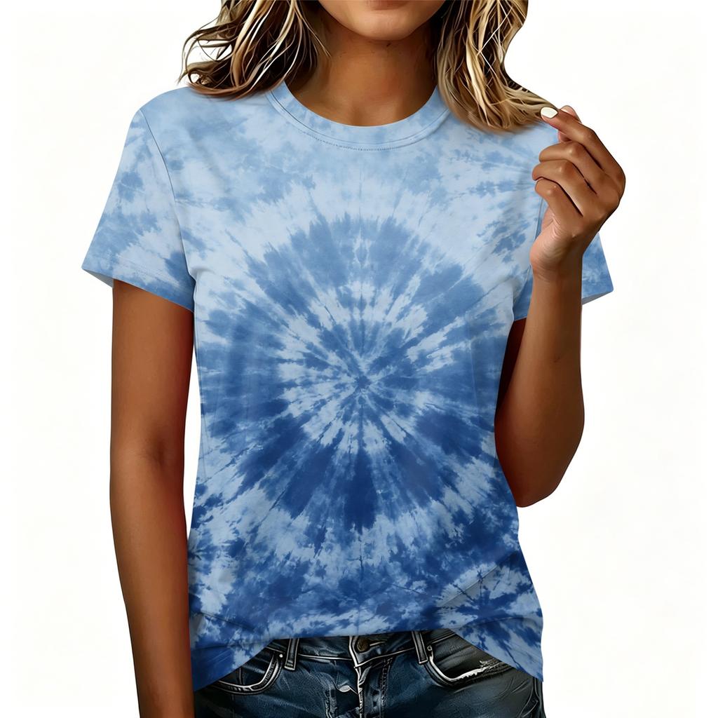 Women's Casual Pullover T Shirt Short Sleeve Round Neck Tie Dye Print Top Lightweight Comfortable Fit