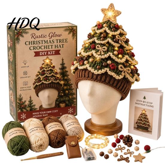 Parent Child Interaction Craft Christmas Tree Crochet Hat DIY Kit Beginner-Friendly Light-Up Kit Complete with Yarn Tools Guide for Holiday