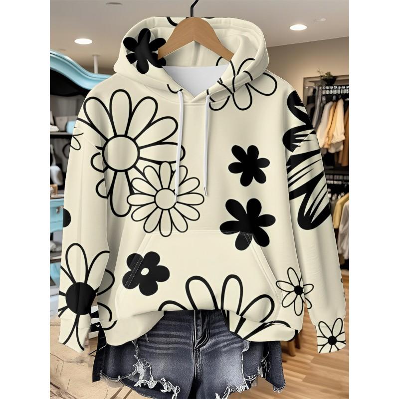 Womens Relaxed Fit Hooded Long Sleeve Sweatshirt With 3D Floral Plaid Print Breathable Comfort Casual Top