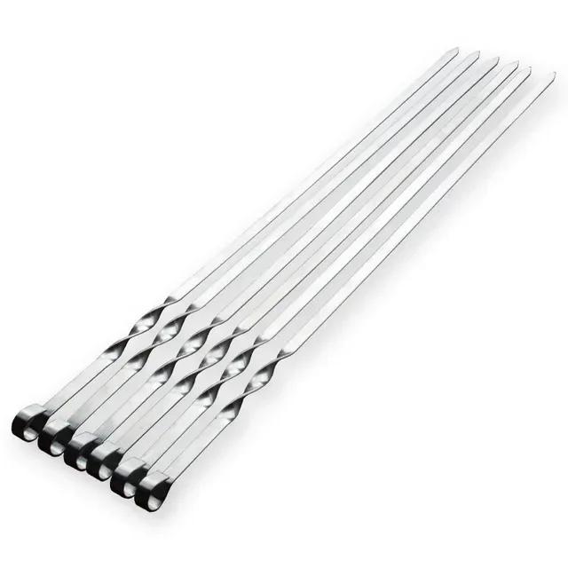 

6pcs BBQ Skewer Stainless Steel Barbecue Needle Fork With Long Flat Wood Handle For Outdoor Meat Grill Barbecue Tools Organizer