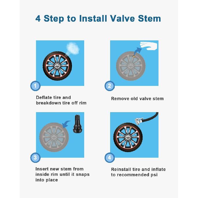 Riseuvo 120pcs Tire Valve Stems - Rubber Snap-in Valves, Tubeless Valve Stems Suit for 0.453 inch Rim Holes on Standard Vehicle Tires (TR412, TR413,