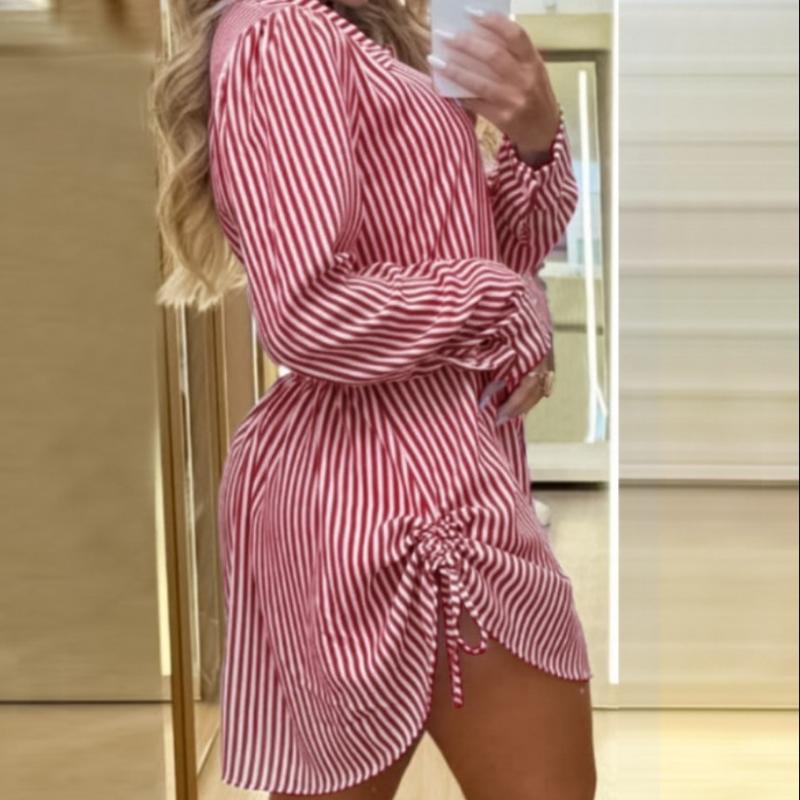 BITCED Women's Autumn Fashion Sexy Two Side Drawstring Shirt Dress
