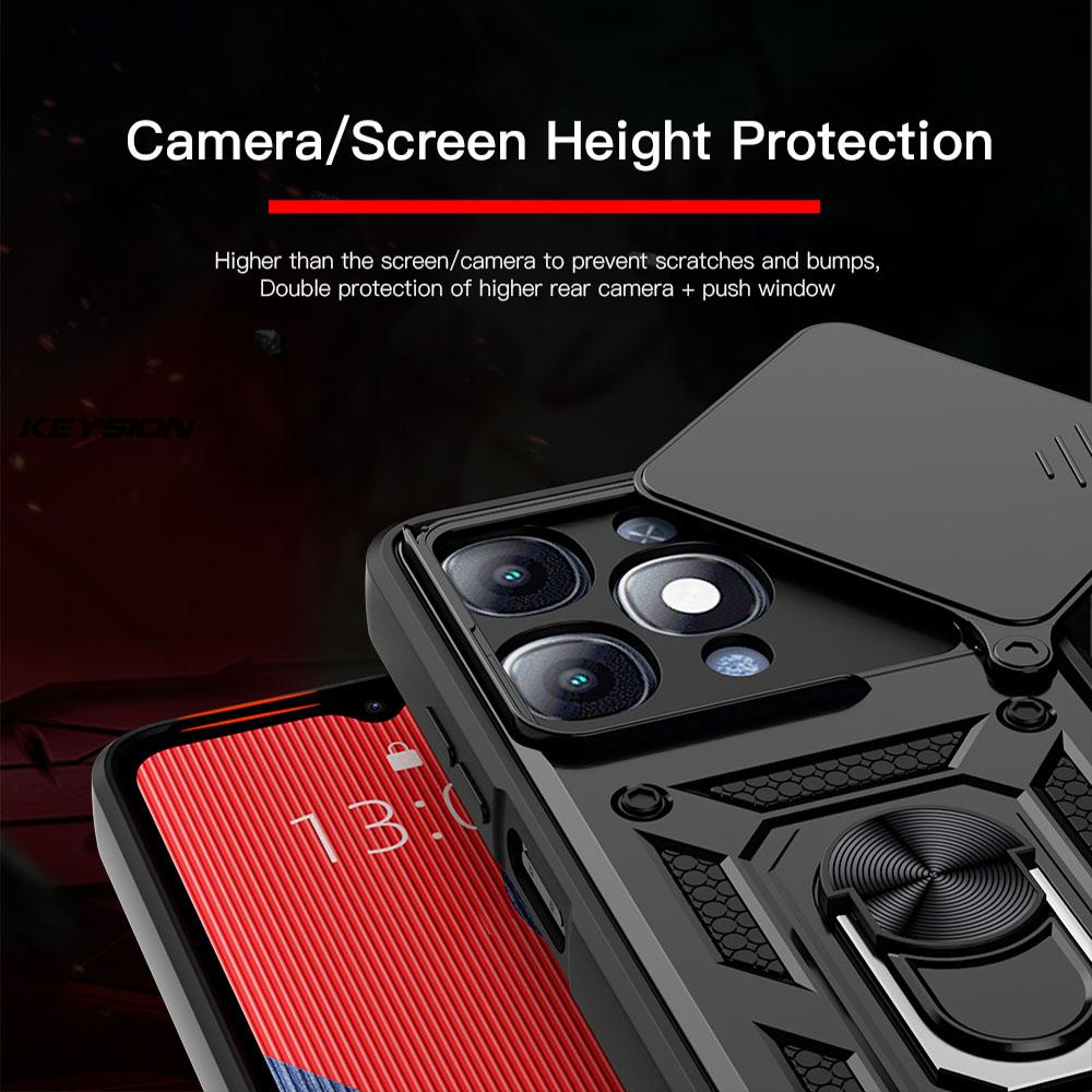 KEYSION Shockproof Armor Case for Itel A90 4G Silicone+PC Slide Camera Lens Protection Ring Stand Phone Back Cover for Itel A90