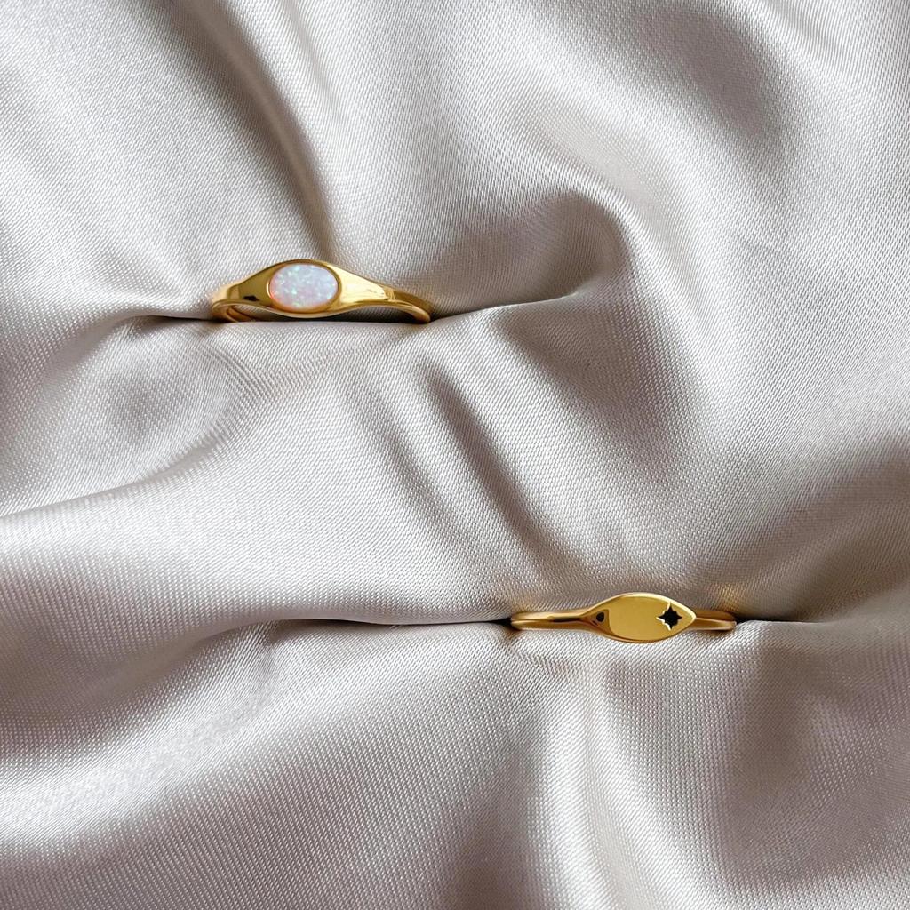 Oval Opal Signet Ring – Minimalist Gold Plated Dainty Ring, Modern Boho Jewelry, Everyday Gift for Women