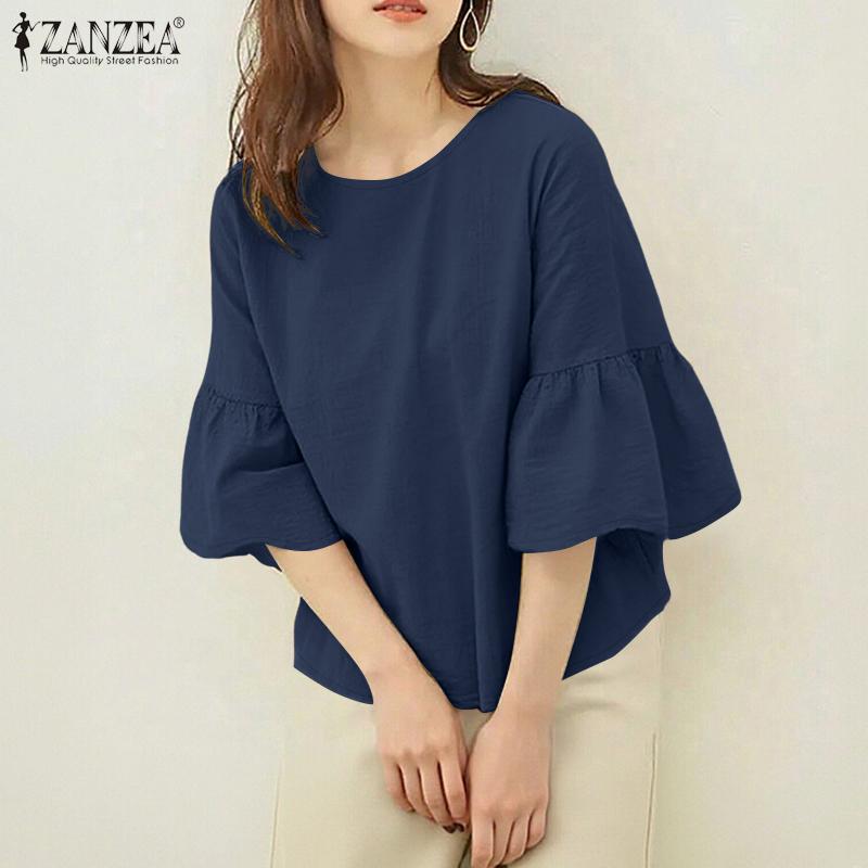 ZANZEA Women Casual Round Neck Solid Color Loose 3/4 Sleeve Blouse