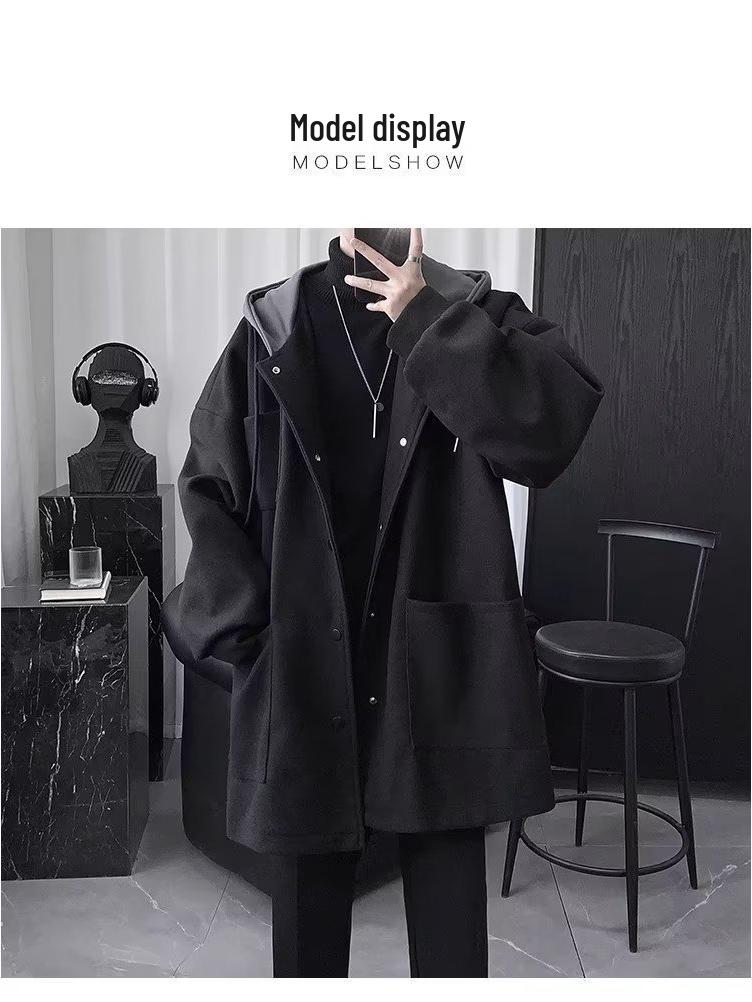 Men's British Style Hooded Wool Trench Coat, Mid-Length, Thick Cotton, Over-the-Knee Winter Jacket
