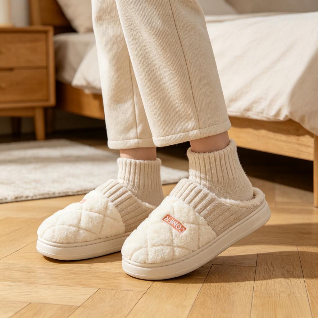 Comfortable Checkered Cotton House Slippers for Winter Indoor Home Use