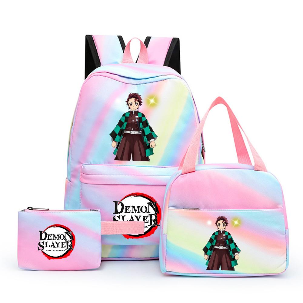 3Pcs/set Cartoon Demon Slayer Printed Backpack with Lunch Bag Pencil Case for Teenager Girl Boy Large Capacity Waterproof Bookbag Gift Mochila