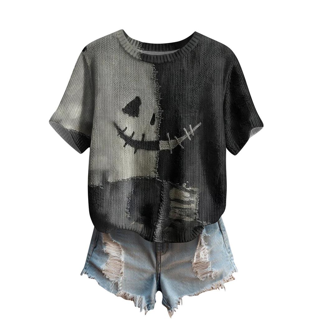 Women's Cute Sweater Knitted Fashion Casual Round-neck Short-sleeved  Cozy Print Top