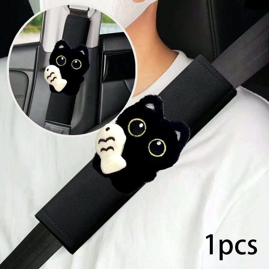 1PC Black Cat & Fish Decor Car Shoulder Pad Cover Fashionable Elegant Design Comfort Enhancer Fits Most Vehicles
