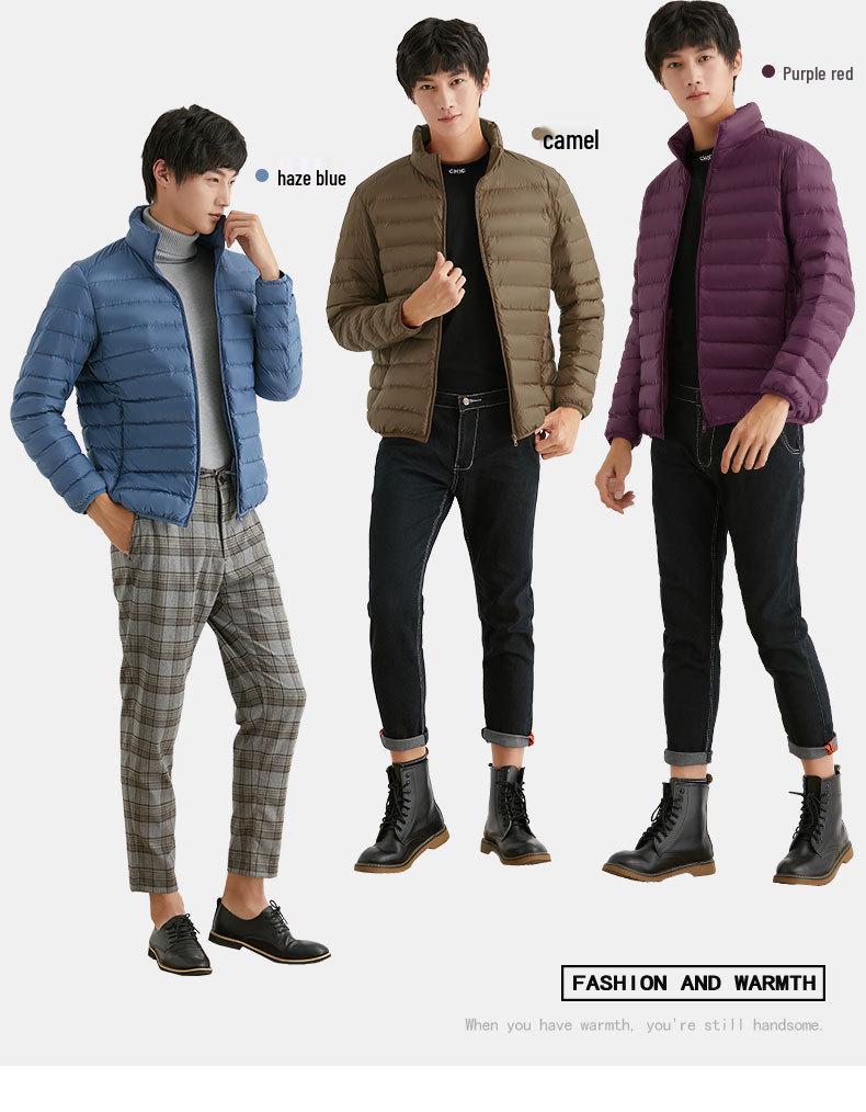 Męska lekka kurtka puchowa ze stójką, 90% puchu, styl koreański, plus size