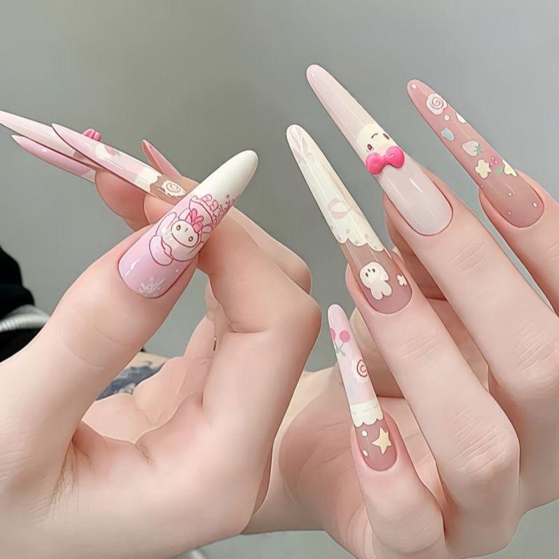 Summer Fresh Milk Puff Rabbit Wearable Light Pink Gradient Cartoon Nails - Cute & Sweet Detachable Nail Tips for Girls