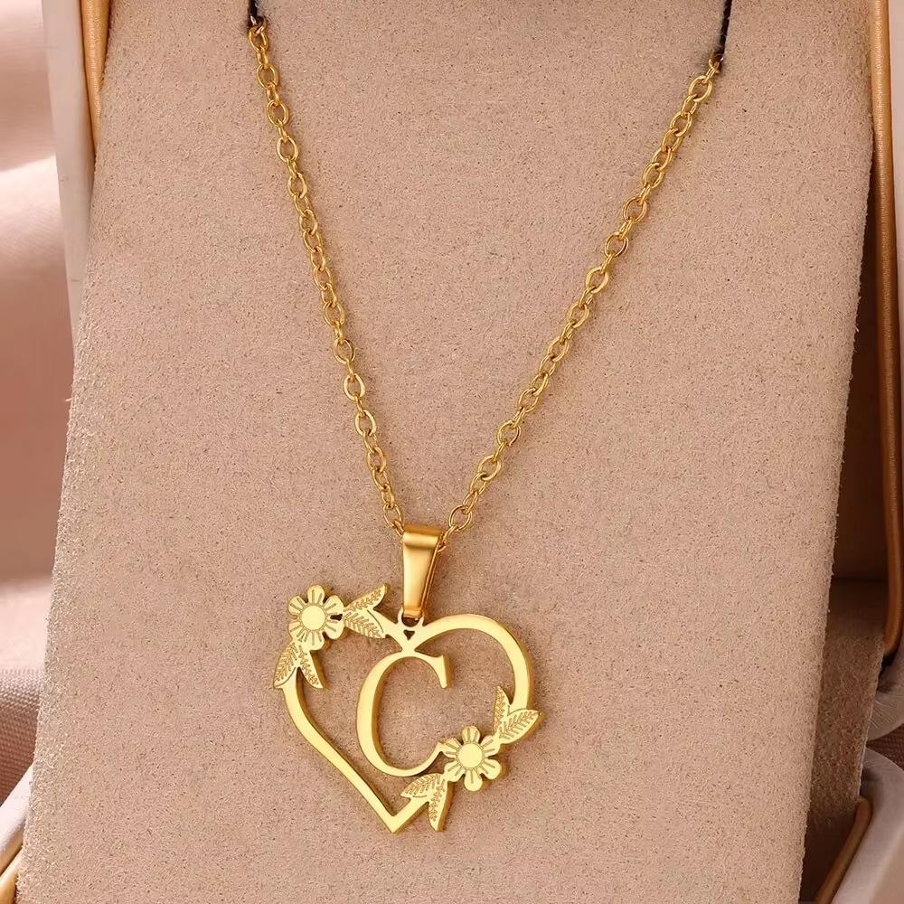 New English Alphabet Heart Pendant Gold Flower Premium Titanium Steel Gold Plated Necklace Clavicle Chain Fresh Woman