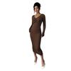 European and American Brown V-neck Dress Women's Spring and Autumn Chest Kink Design Slim Seven-quarter Sleeve Commuter Temperament Dress