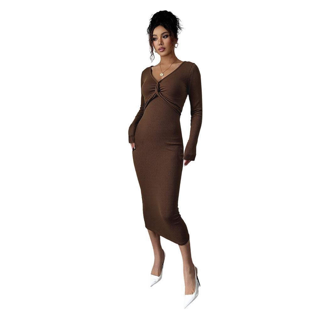 European and American Brown V-neck Dress Women's Spring and Autumn Chest Kink Design Slim Seven-quarter Sleeve Commuter Temperament Dress
