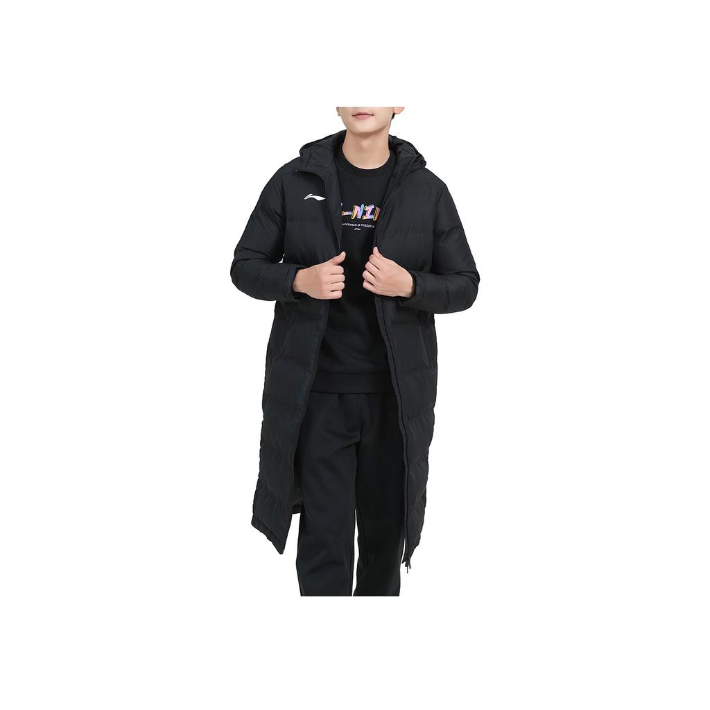 Li Ning Side Split Warm Solid Color Long Hooded Cotton Coat Men Coats Black AFMT025-1