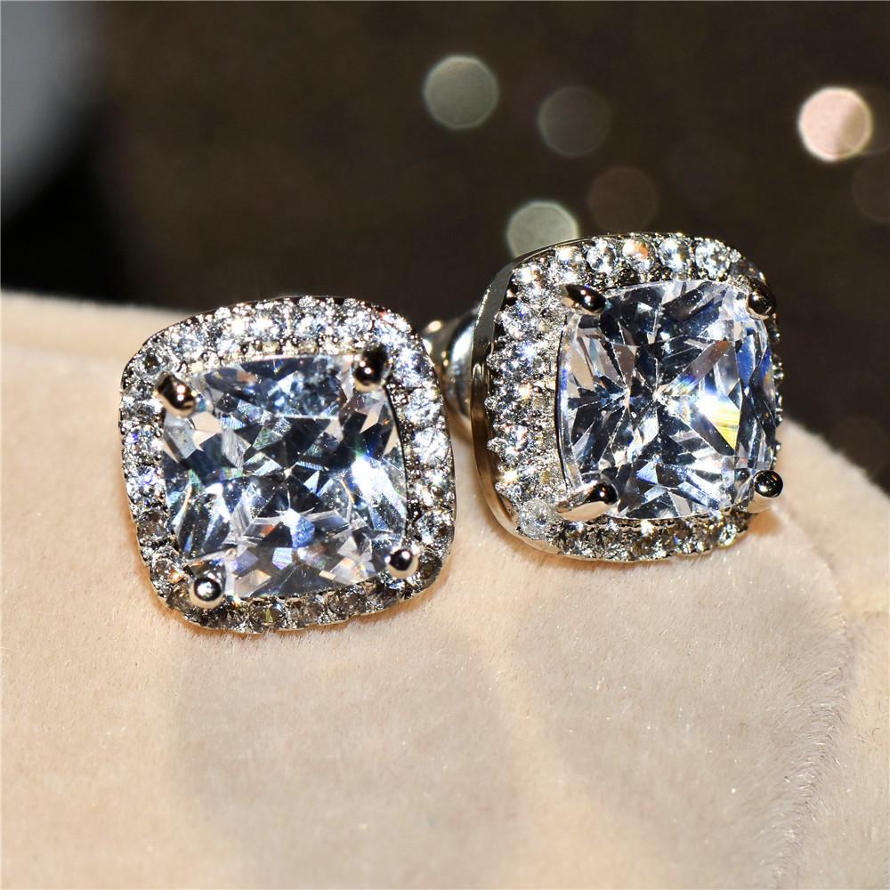 Luxury Female Yellow Pink Stone Earrings Fashion Silver Color Wedding Jewelry Vintage Double Stud Earrings for Women