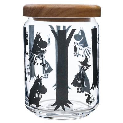 Takasaka International Japan Moomin Glass Canister with Wooden Made In Wooden Lid, Japan, Pattern, 640ml, Clear, MM-G23-005