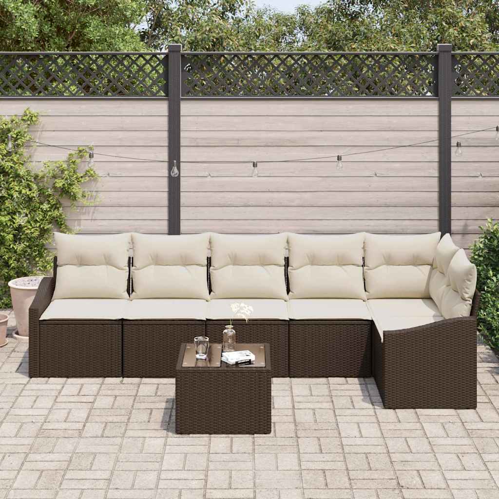 7 Piece Sofa Set with Cushions Brown Poly Rattan