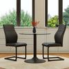 Table-Chair Set. Round Glass Table with 85 Cm Diameter + 2 Black Chairs with High Backrest and Diamond Quilting Made of PU