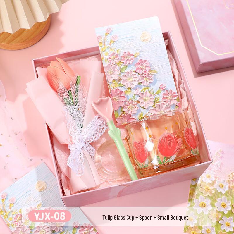 Ailan Huijia Glass Cup Gift Set YJX-08 Tulip Glass Cup + Spoon + Small Bouquet