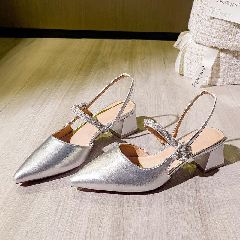 Pointed empty single shoes women's thick heel 2025 new summer French Mary Jane shoes with high heel bag head sandals