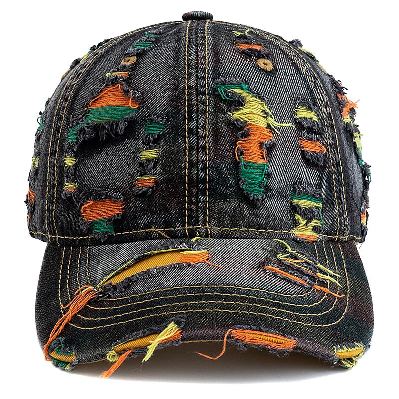 New Style Women Cap Tear Style Hole Vintage Colorful Lines Baseball Caps Female Casual Outdoor Streetwear Denim Hat