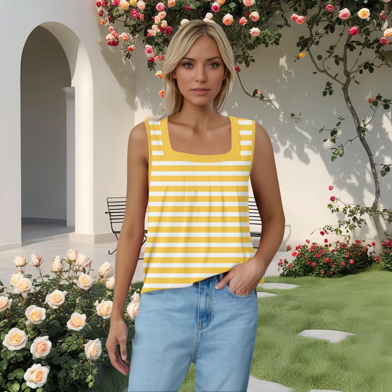 

Женская плиссированная футболка без рукавов с квадратным воротником и принтом XL жёлтый