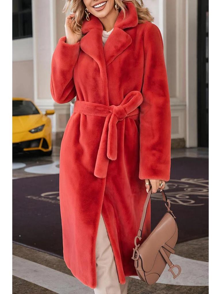 2024 Autumn/Winter Women's Fashion Elegant Tie-Waist Turn-Down Collar Plush Long Coat