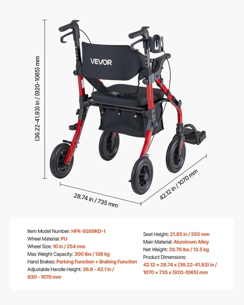 2-in-1 Rollator Gehhilfe & Transportstuhl für Senioren, Faltbarer Rollender Gehwagen Rollstuhl, Leichte Aluminium Mobilitäts-Gehhilfe mit Vollgummi