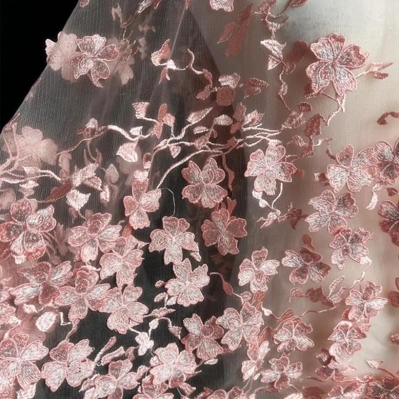 50x125cm Bleu Clair Rose Broderie Dentelle 3D Fleur Tissu Tissu pour Robe Vêtement Fond pour Mariage Senior Tournage en Direct