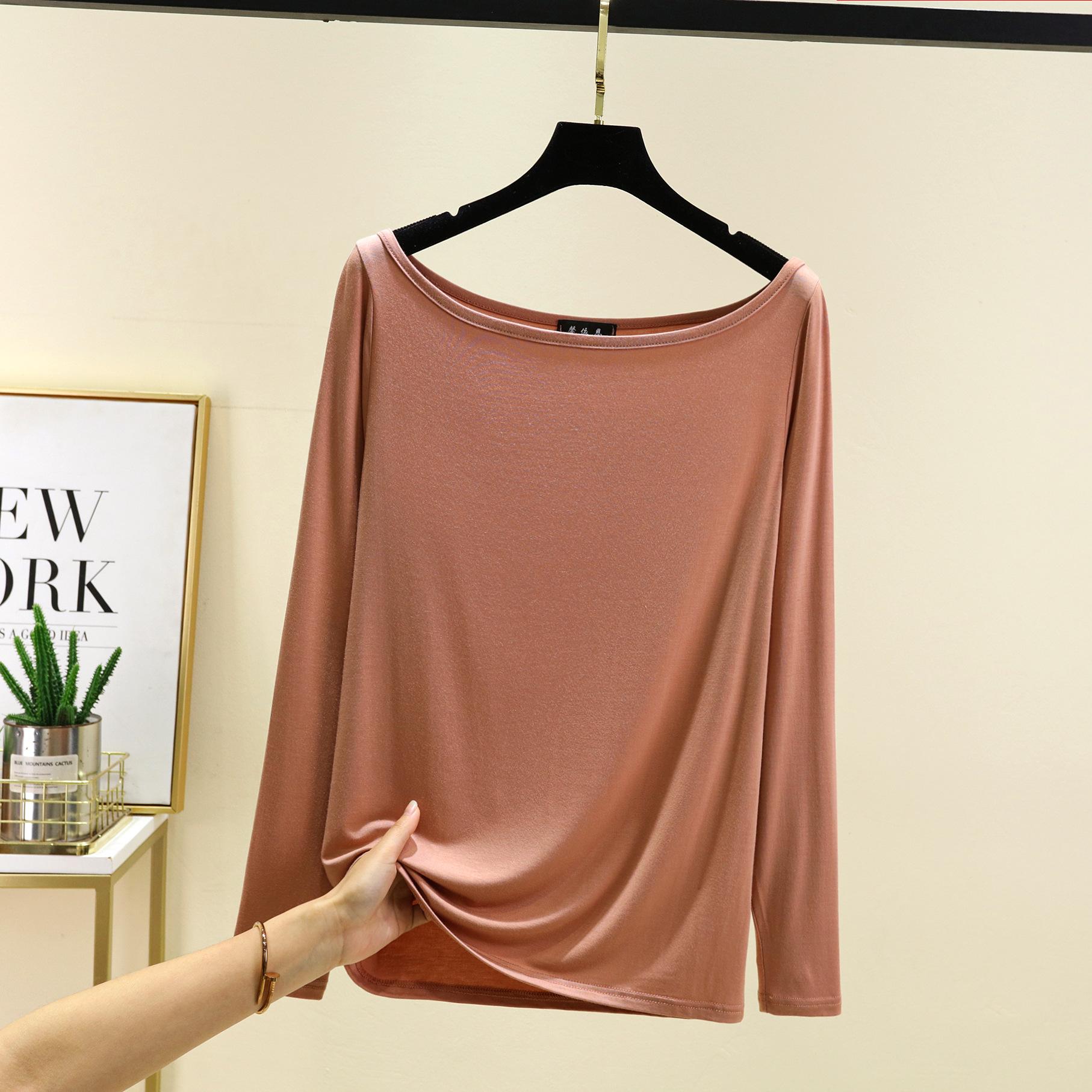 

Модал лодочка вырез футболки с длинными рукавами женские облегающие футболки однотонные базовый слой топ повседневная майка универсальные футболки топы 2XL хаки