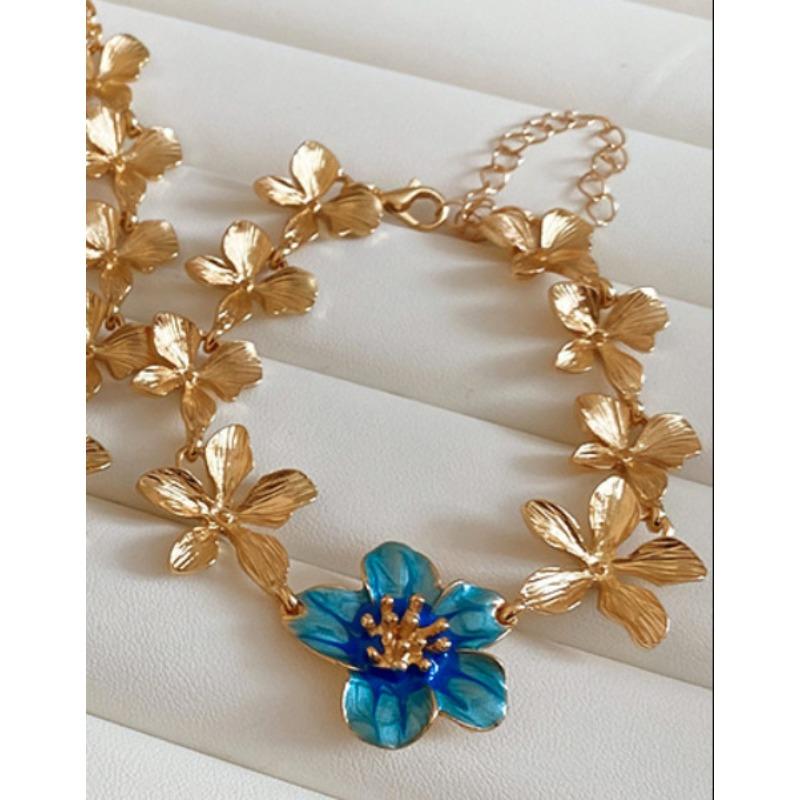 Metal oil dripping flower bracelet necklace set, personalized sweet niche design jewelry