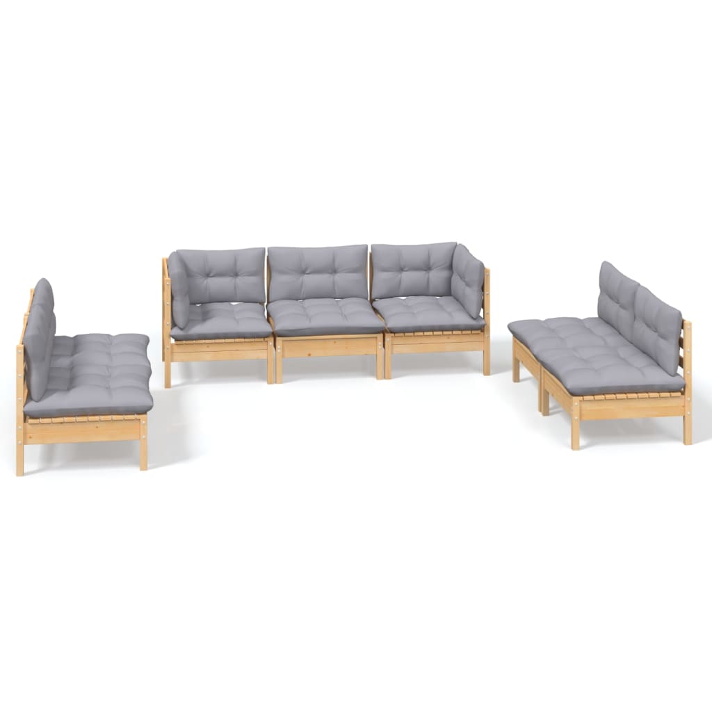 7 Piece Garden Lounge Set with Grey Cushions Solid Pine Wood