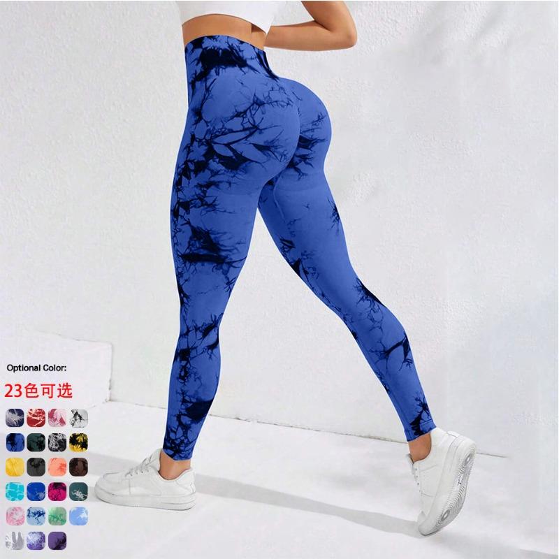 Seamless tie-dye yoga pants high-waisted elastic fitness pants quick-drying high-waisted nine-point peach hip sports leggings