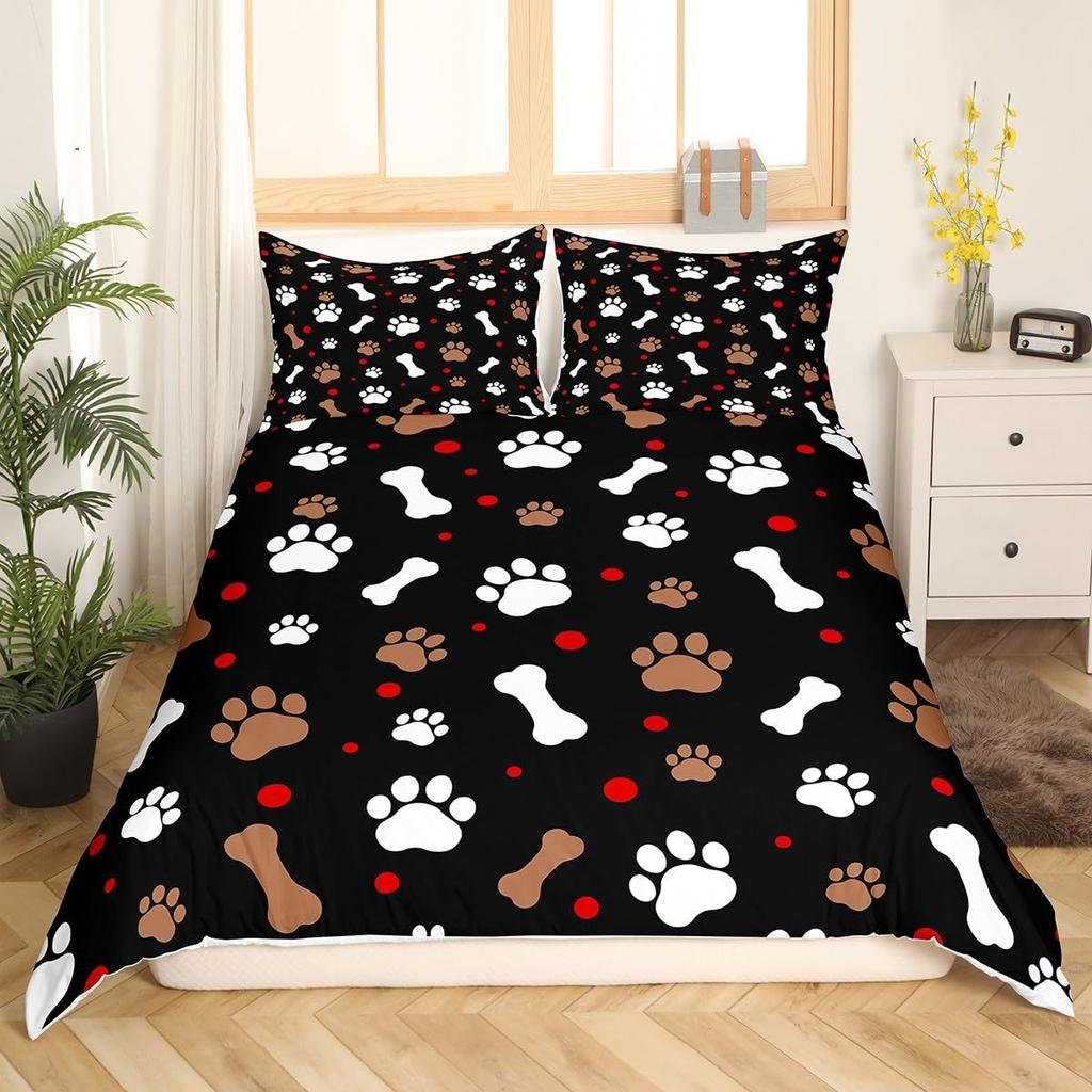 Dog Paw Print Duvet Cover Set Puppy Bedding Set Cute Animal Cartoon Pattern Quilt Cover