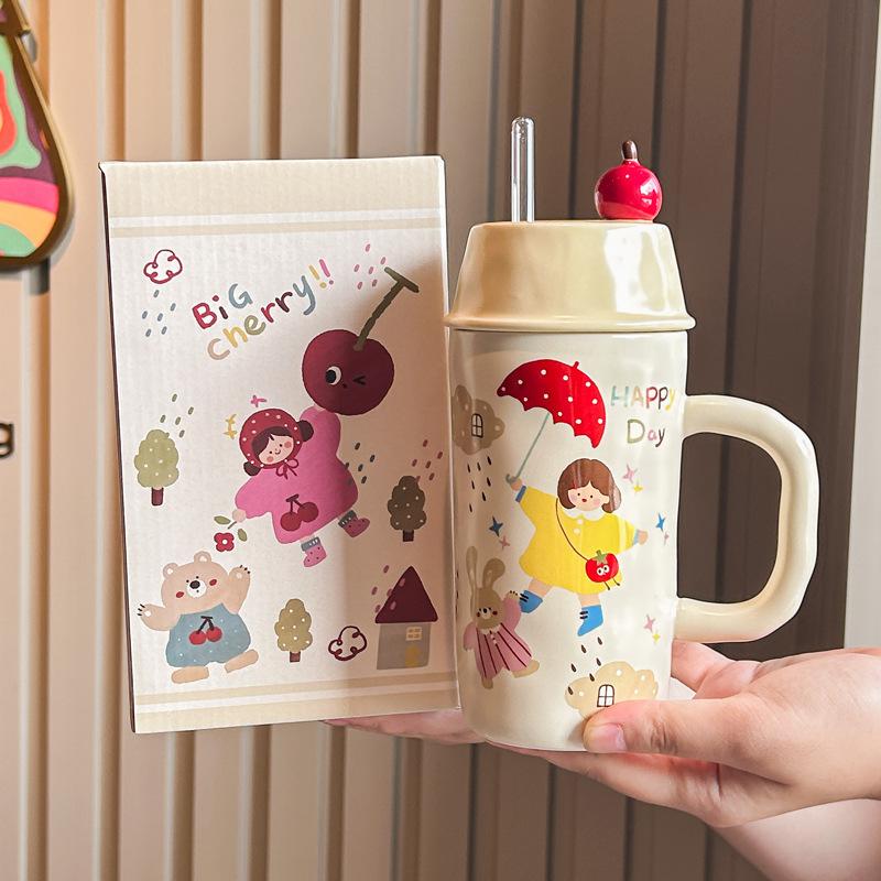 Roztomilý hrneček se slámkou Chlapci a dívky keramický hrnek vysoké hodnoty s víčkem dárek k narozeninám praktický suvenýr dárková krabička